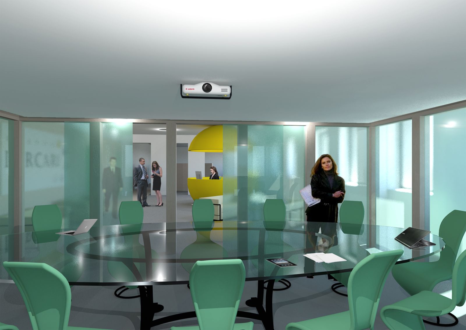 Render della sala riunioni rotonda, soluzione A: il tavolo di cristallo, le sedie verdi, le pareti in vetro verde con montanti sottili in metallo