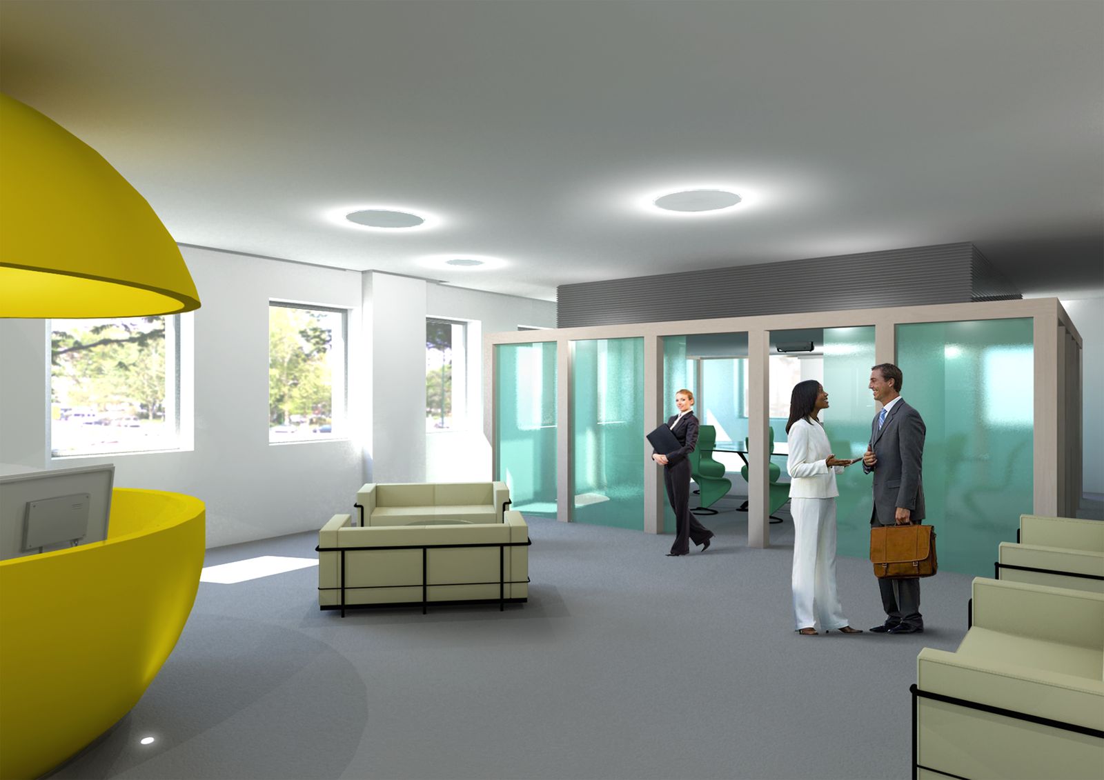Render dell'open space, soluzione A: le scatole vetrate verdi senza telaio, il bancone giallo a sinistra, le poltrone dell'attesa