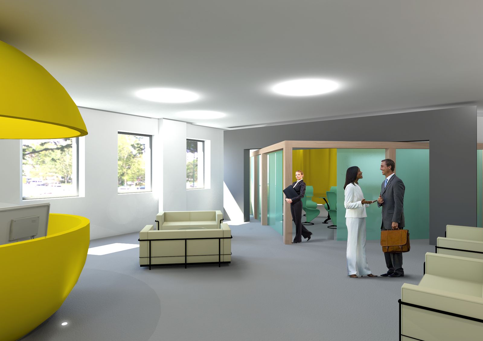 Render dello stesso open space, soluzione B: le scatole vetrate hanno il telaio in legno e le pareti di fondo sono grigie