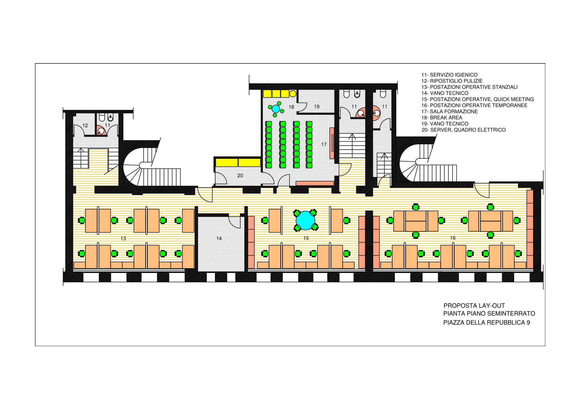 Pianta di progetto del seminterrato a colori: postazioni operative stanziali e temporanee, sala formazione, break area, server, vani tecnici