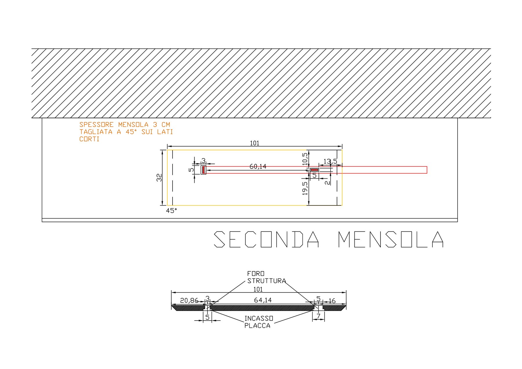 Disegno della seconda mensola: pianta e sezione quotate