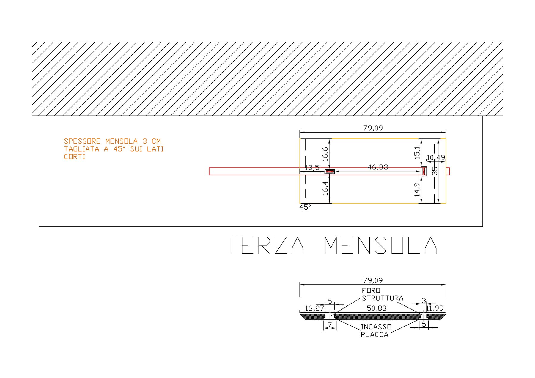 Disegno della terza mensola: pianta e sezione quotate, con lo spessore e il fondo struttura