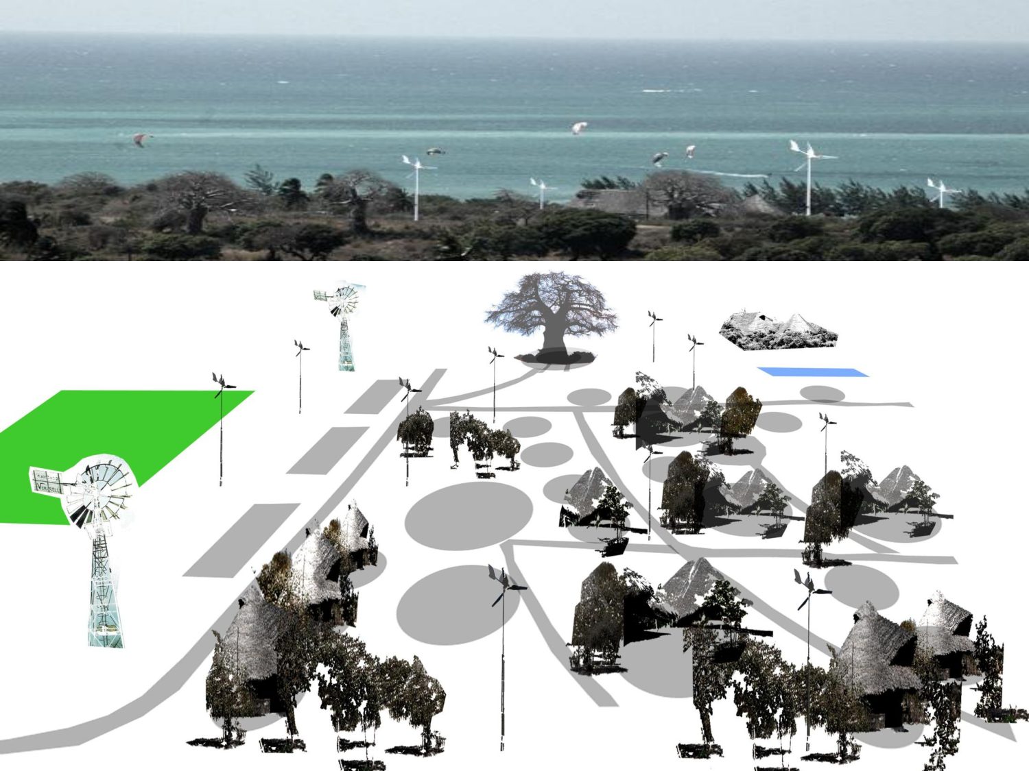 Sezione del resort con gli aerogeneratori che emergono sopra la vegetazione, i bungalow e il profilo del terreno verso il mare