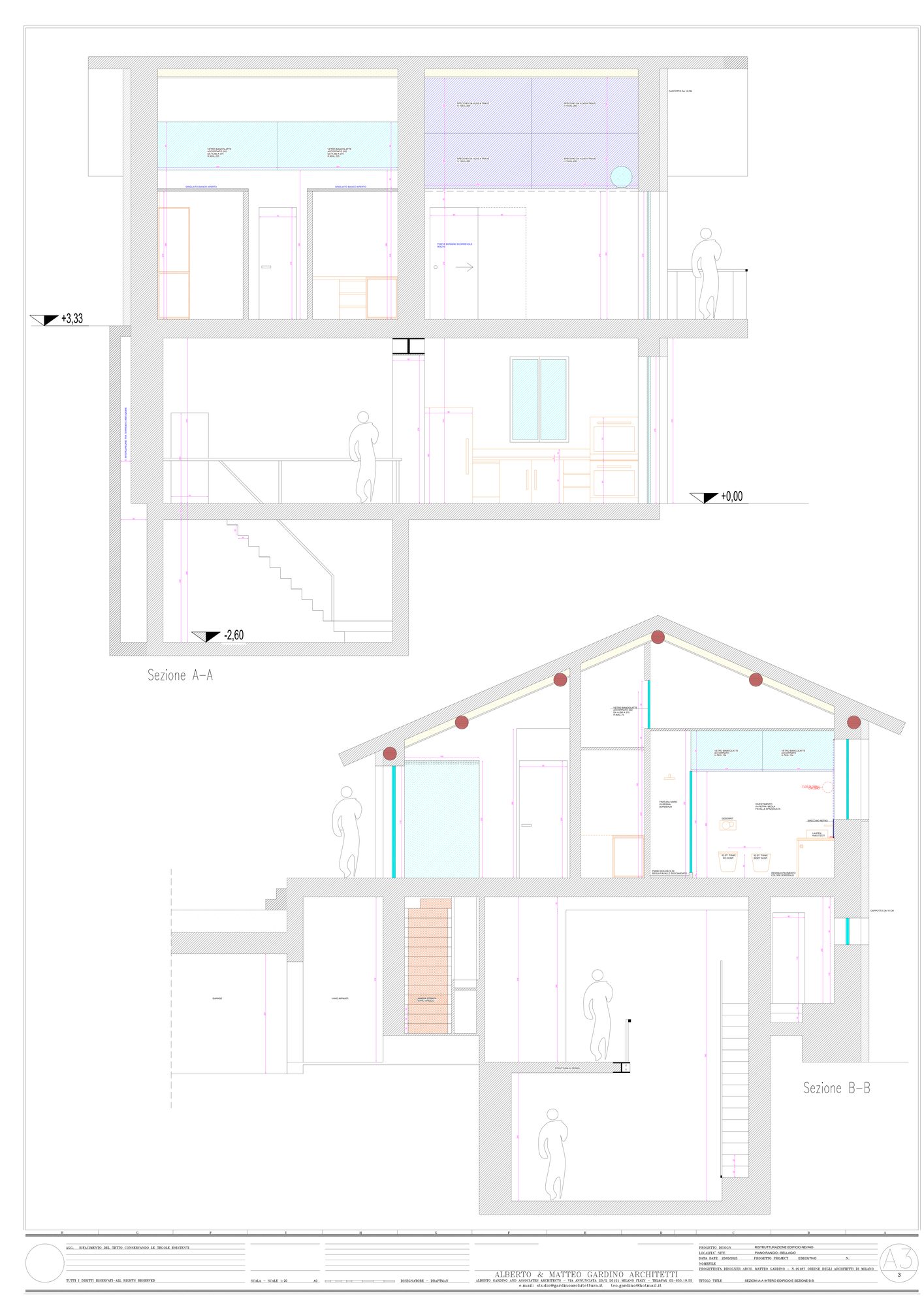 Tavola A3: le sezioni A-A e B-B dell'intero edificio, con le quote dei tre piani