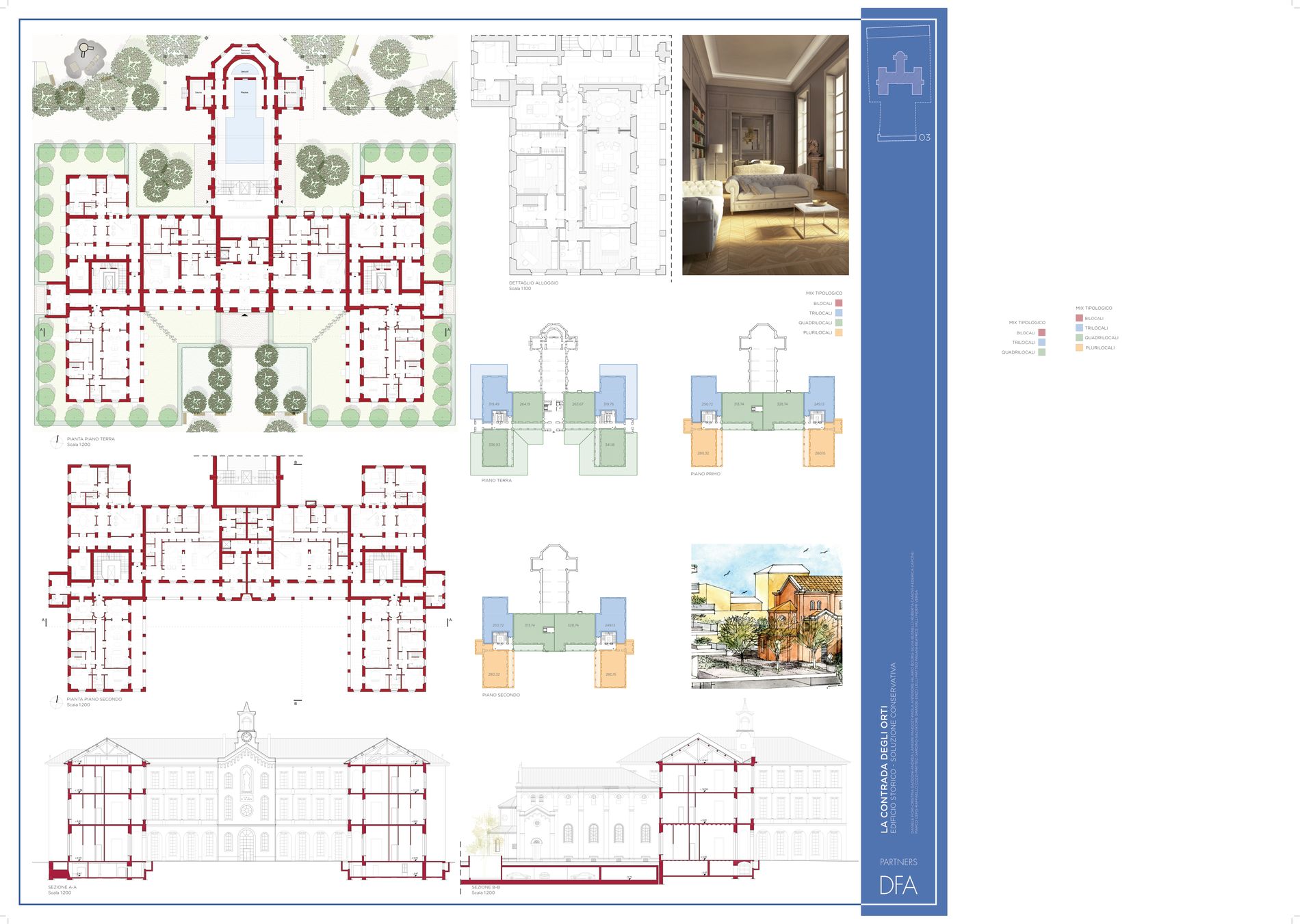 Tavola 3: edificio storico, soluzione conservativa, con piante, prospetti e sezioni