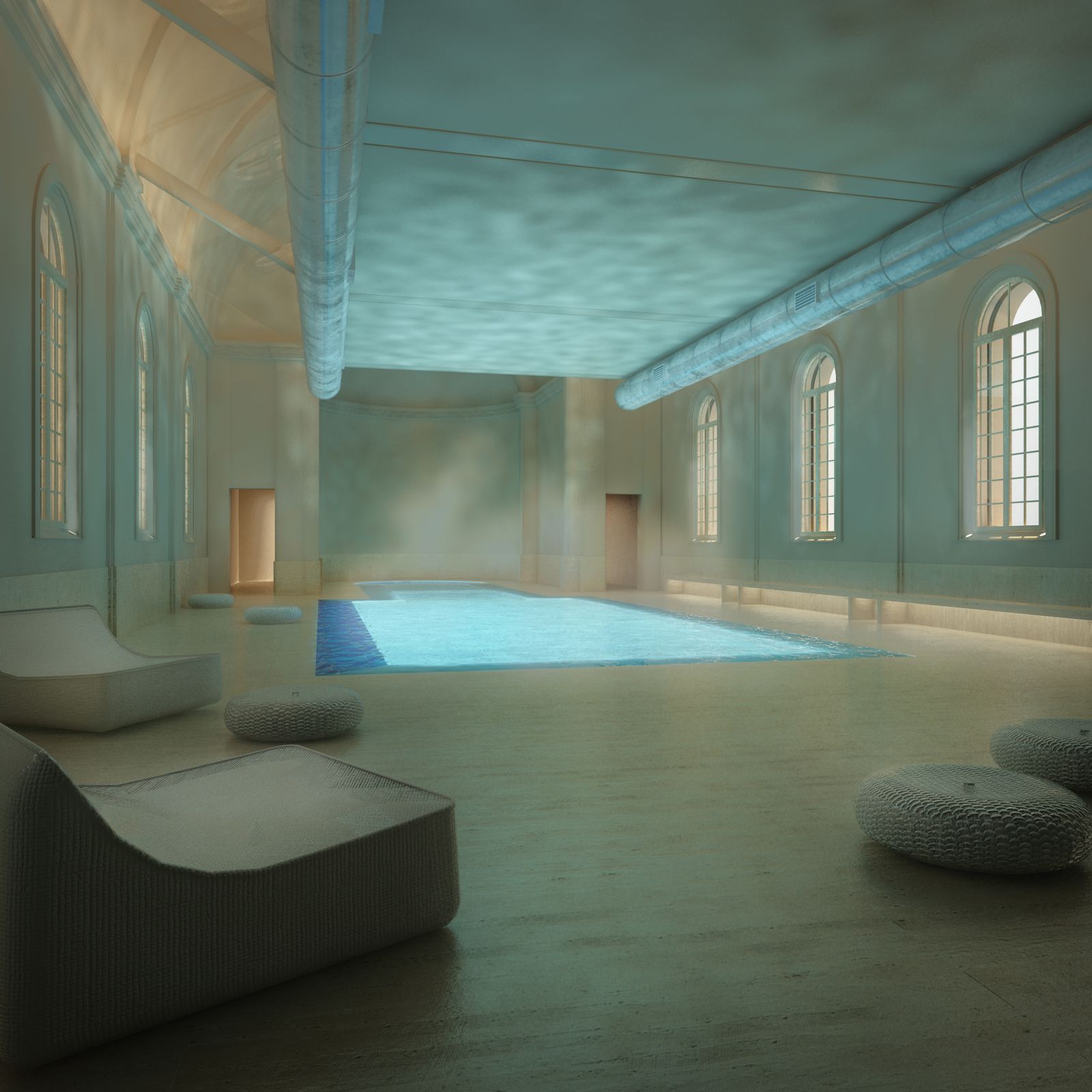 Render della piscina nella navata della chiesa sconsacrata, con l'abside sul fondo e i canali dell'aria a vista