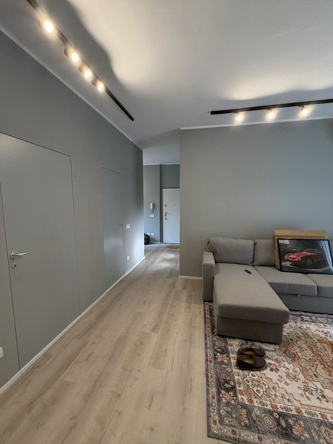 Vista d'insieme del soggiorno con i binari elettrificati a soffitto e i faretti orientabili montati sopra
