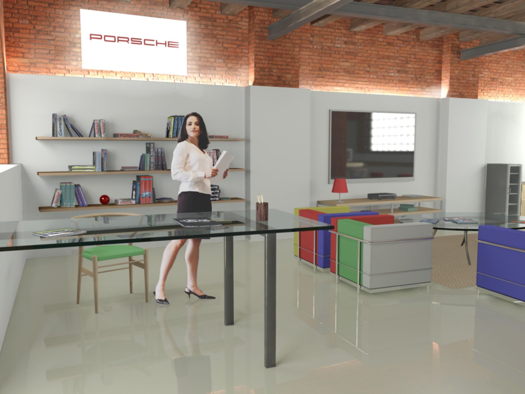 Render della stessa sala: il logo Porsche illuminato sul muro bianco, la libreria con i libri sulle Porsche, il televisore, il tavolo di vetro e le poltrone colorate