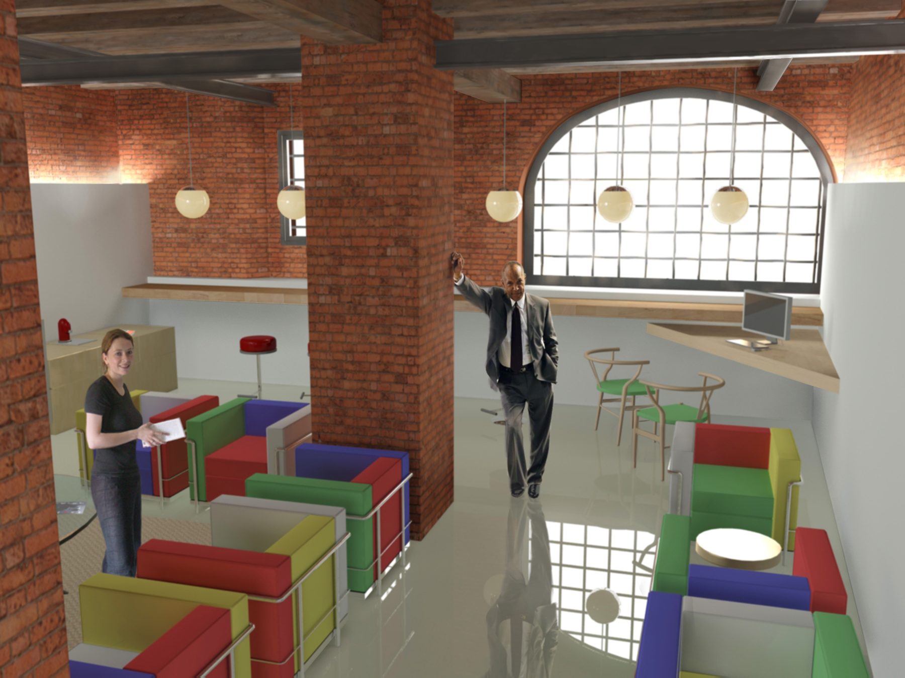 Render dello stesso lato: il finestrone ad arco in controluce, le lampade a sfera, le poltrone colorate e le sedie con la seduta verde