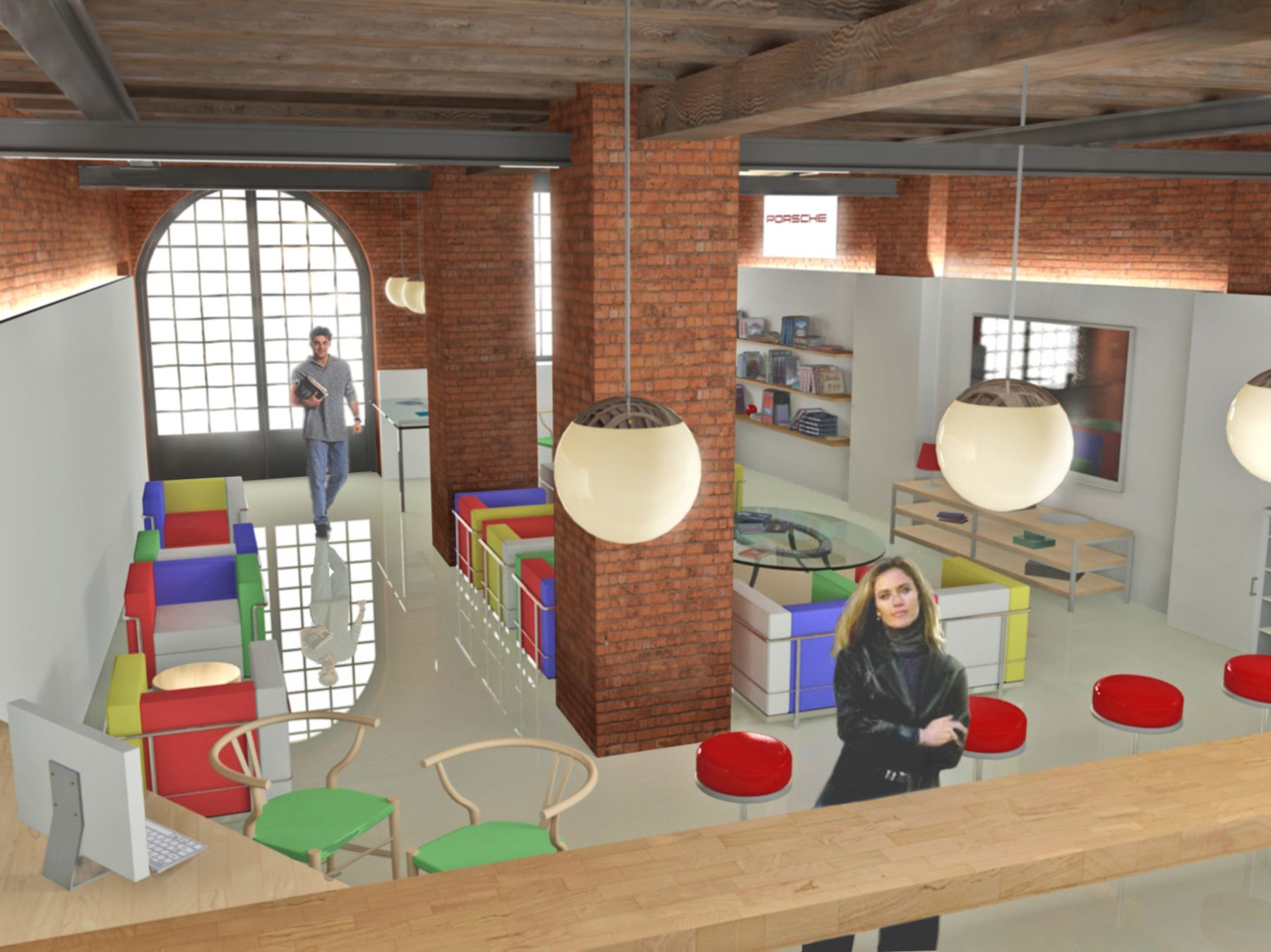 Render del lato bar visto dal bancone di legno: gli sgabelli rossi, la vetrina dei gadget, il marchio illuminato e il portone ad arco