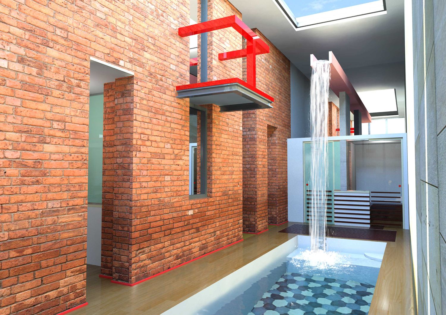 Render: la piscina nel cortile coperto, l'acqua che scende dal lucernario, il muro in mattoni e un balcone rosso sospeso