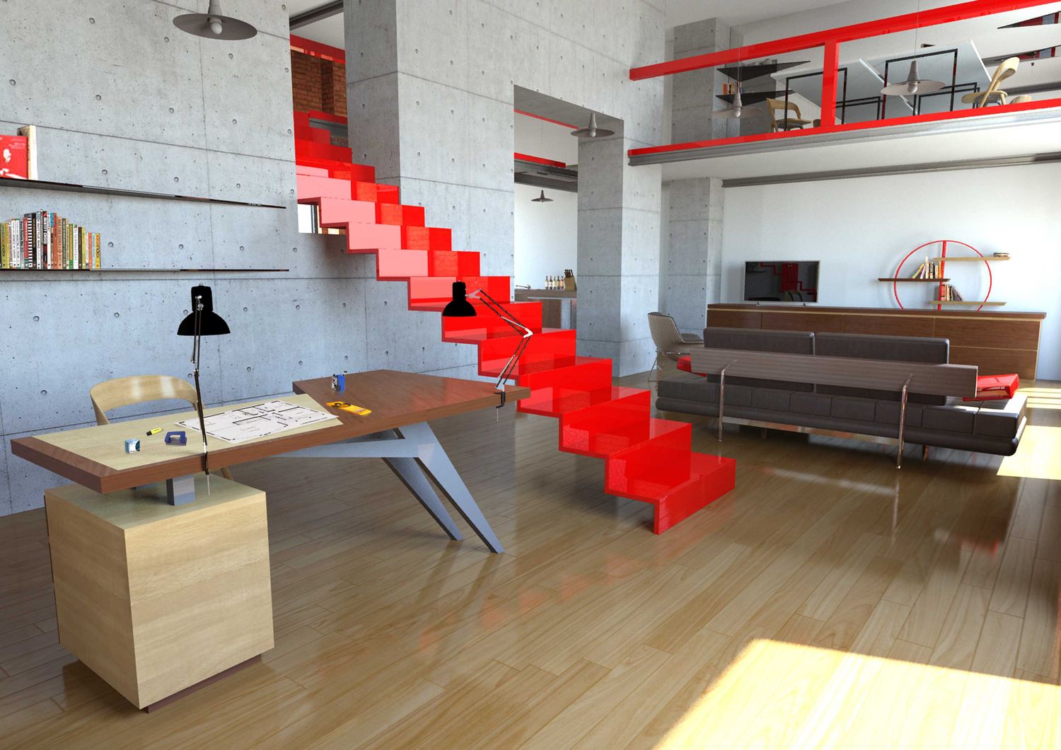 Render dello studio sotto il soppalco: scrivania, libreria e la scala rossa