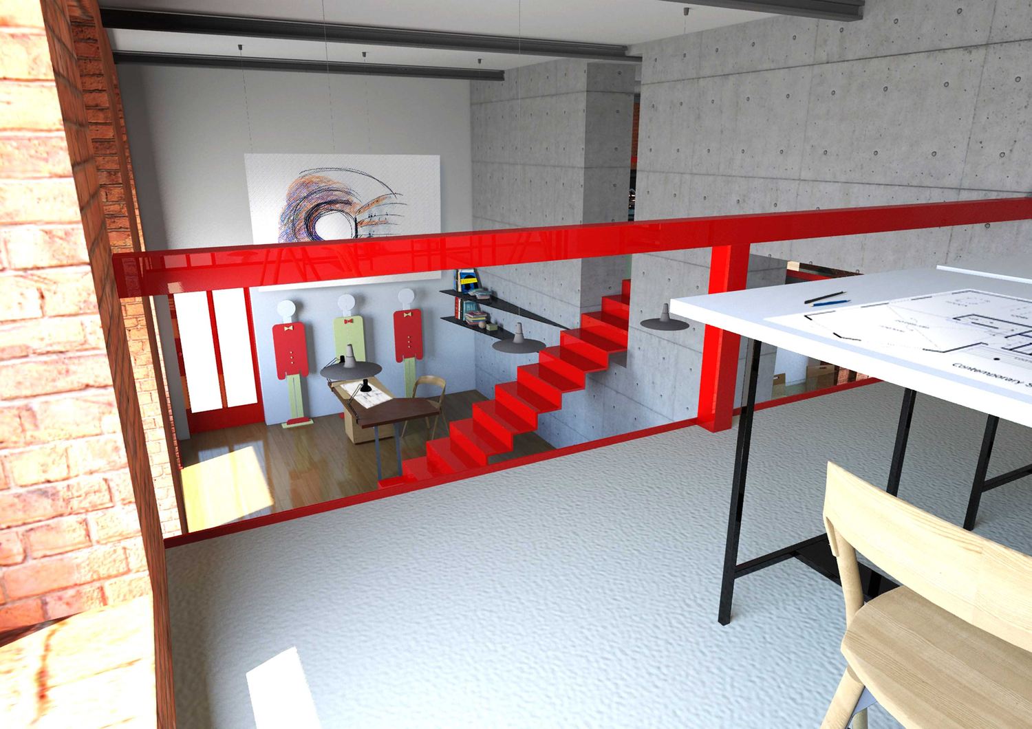 Render dal soppalco: la passerella rossa, il tavolo da disegno e la scala che scende