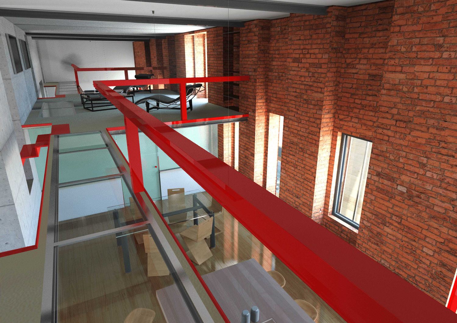 Render della passerella con il pavimento in vetro e il parapetto rosso, vista dall'alto