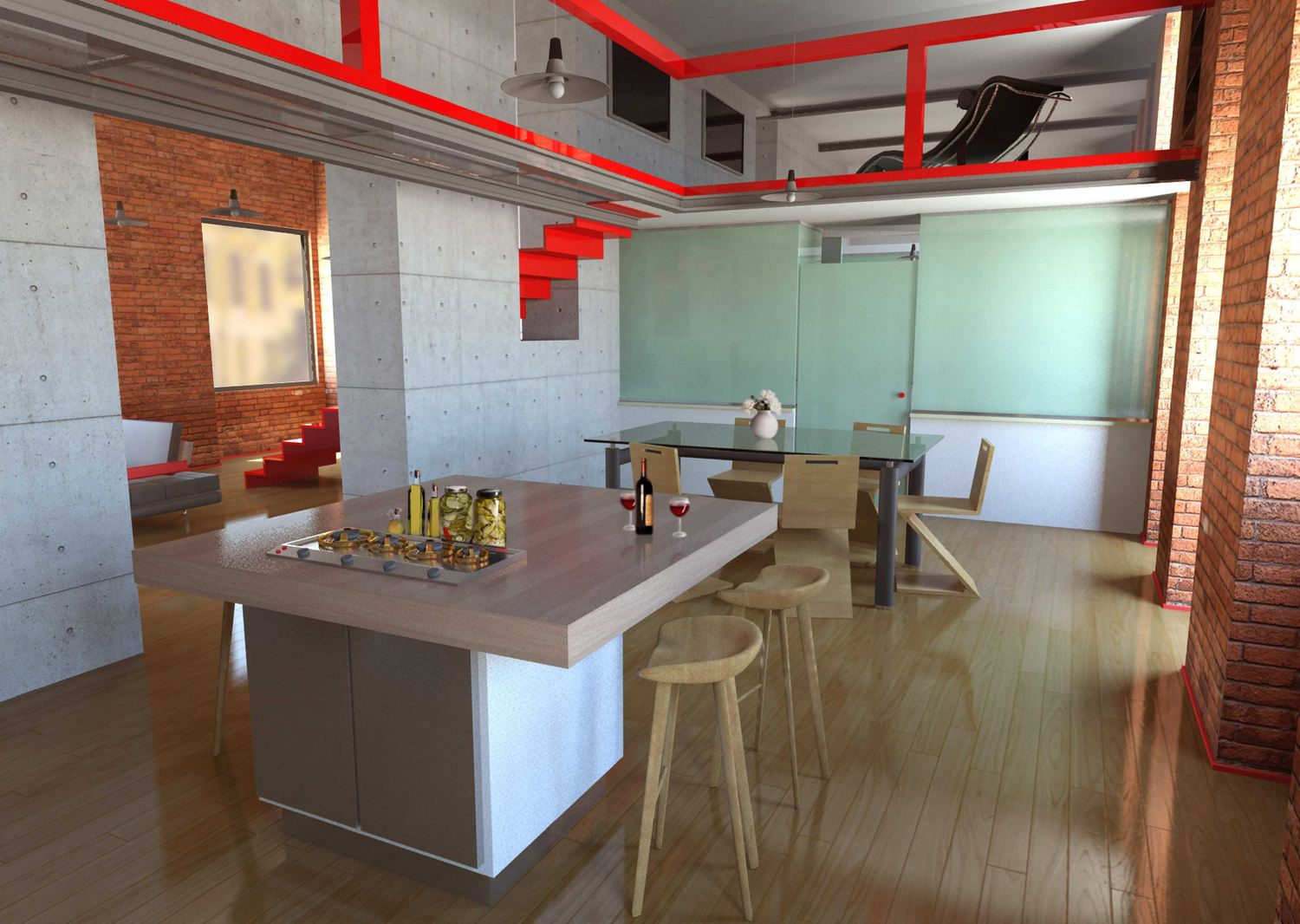 Render della cucina a isola sotto il soppalco con le travi rosse e la parete in vetro