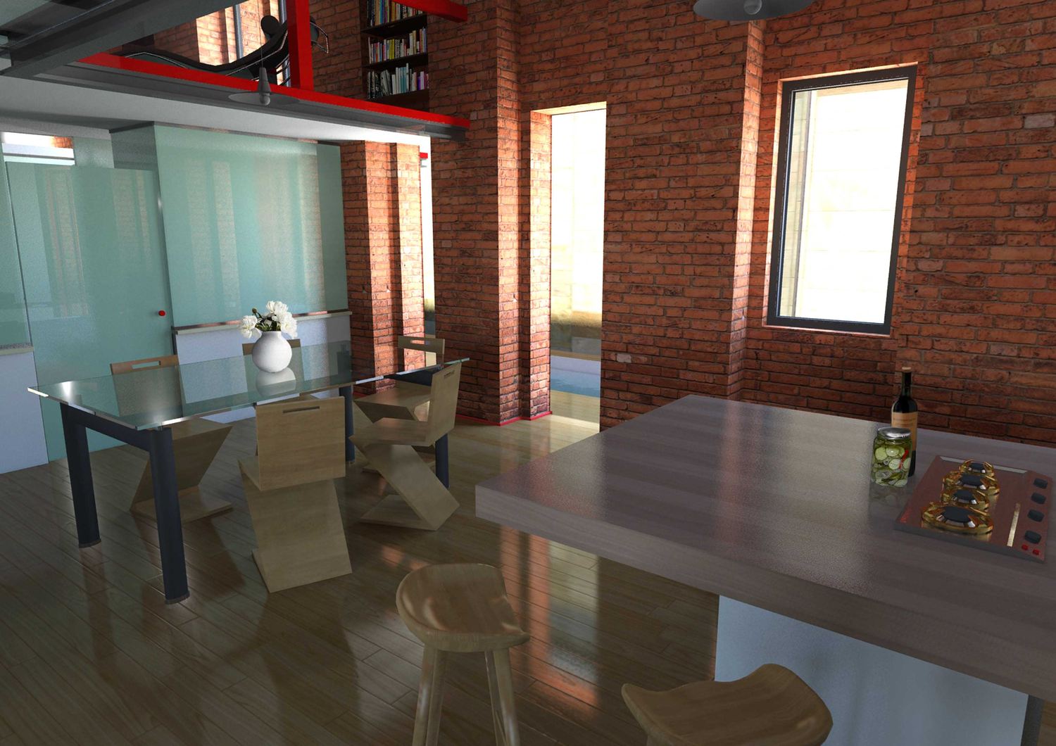 Render del pranzo con il tavolo in vetro, l'isola e il muro in mattone