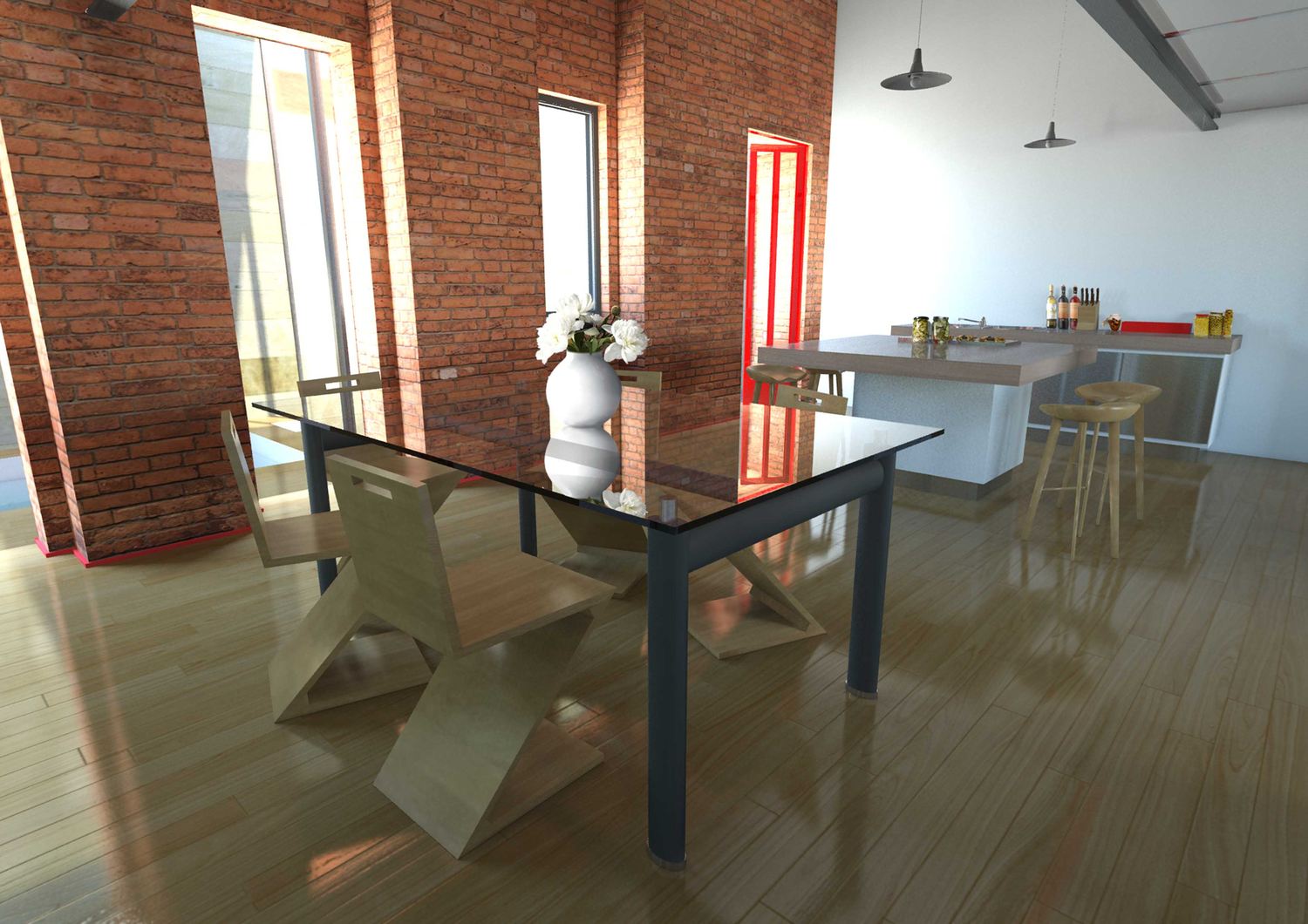 Render del tavolo da pranzo in vetro con le sedie in legno e la finestra alta