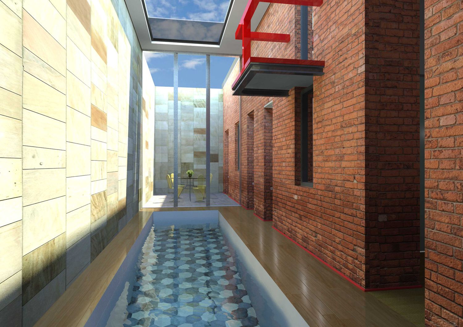 Render della piscina stretta sotto il lucernario, con il fondo a esagoni azzurri