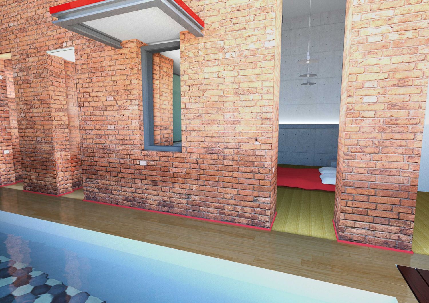 Render: la piscina in primo piano, il muro in mattone e oltre la camera da letto