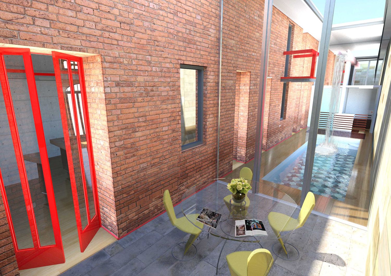 Render del cortile aperto con le sedie gialle, la porta rossa e la vetrata sulla piscina