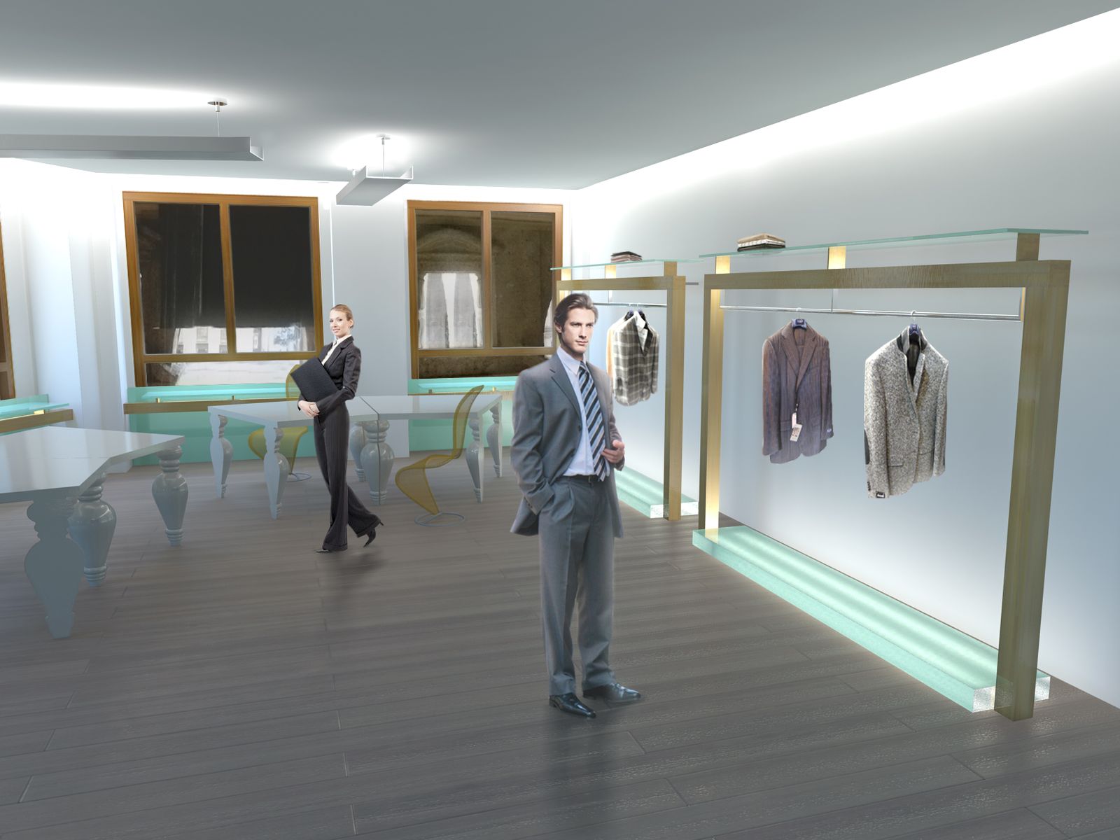 Render dello showroom: un portale di legno con le giacche appese, illuminato sopra e sotto, e a sinistra i tavoli bianchi su gambe tornite