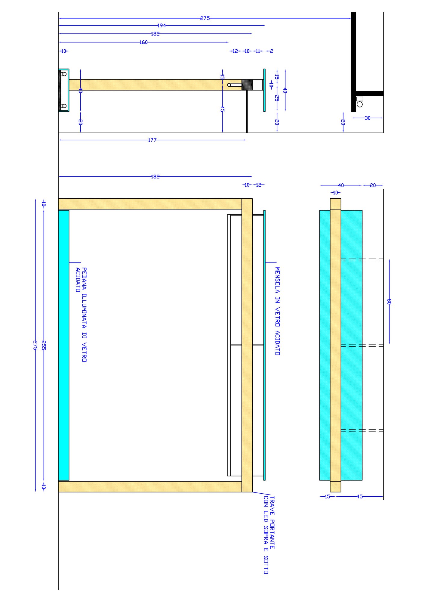 Disegno dell'espositore fisso: il portale in legno quotato, con la trave portante con LED sopra e sotto, la mensola in vetro acidato e la pedana illuminata