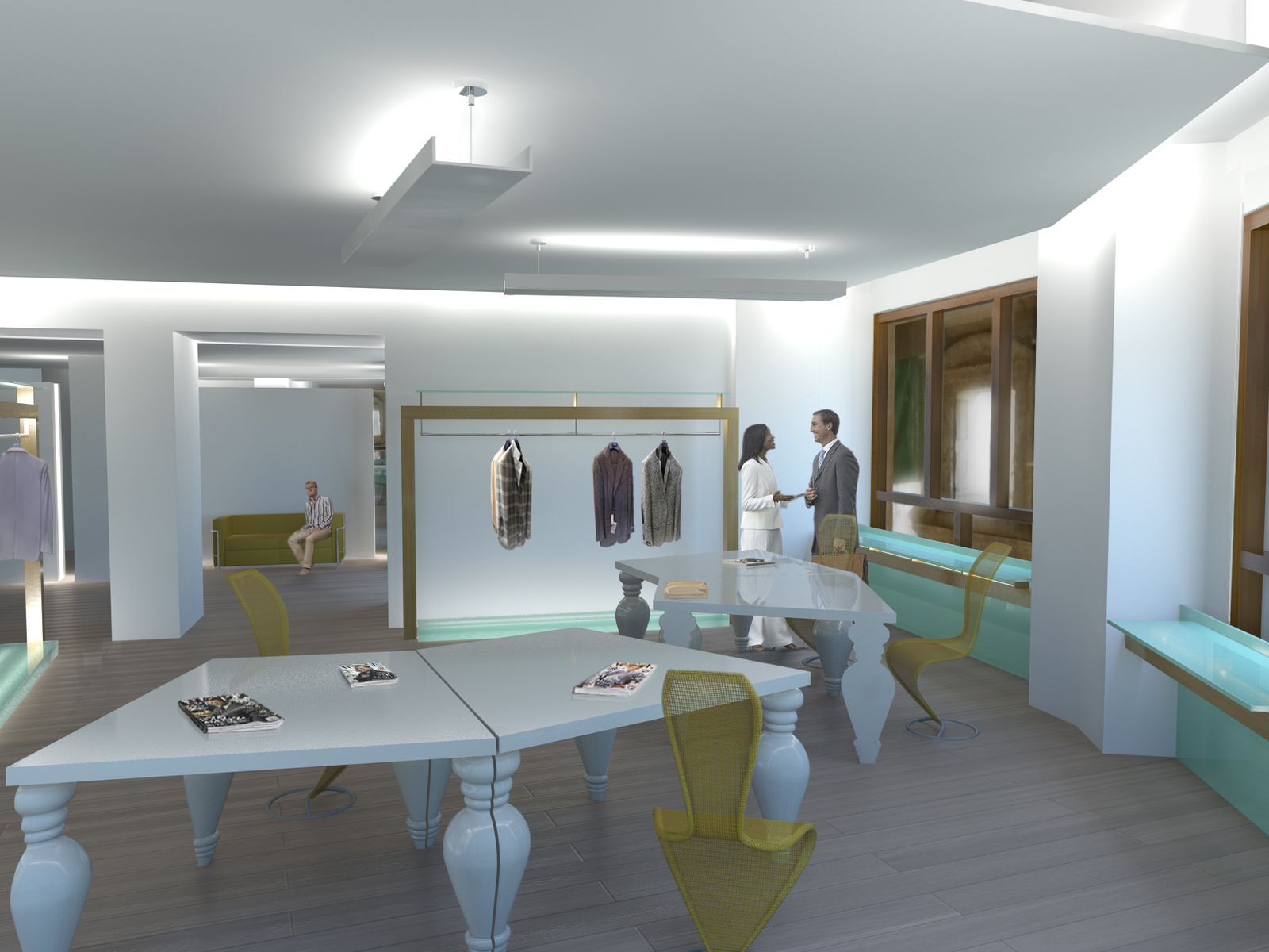 Render dello showroom dalla parte opposta: due tavoli accostati al centro, le sedie gialle trasparenti, la fascia di vetro illuminato lungo le pareti