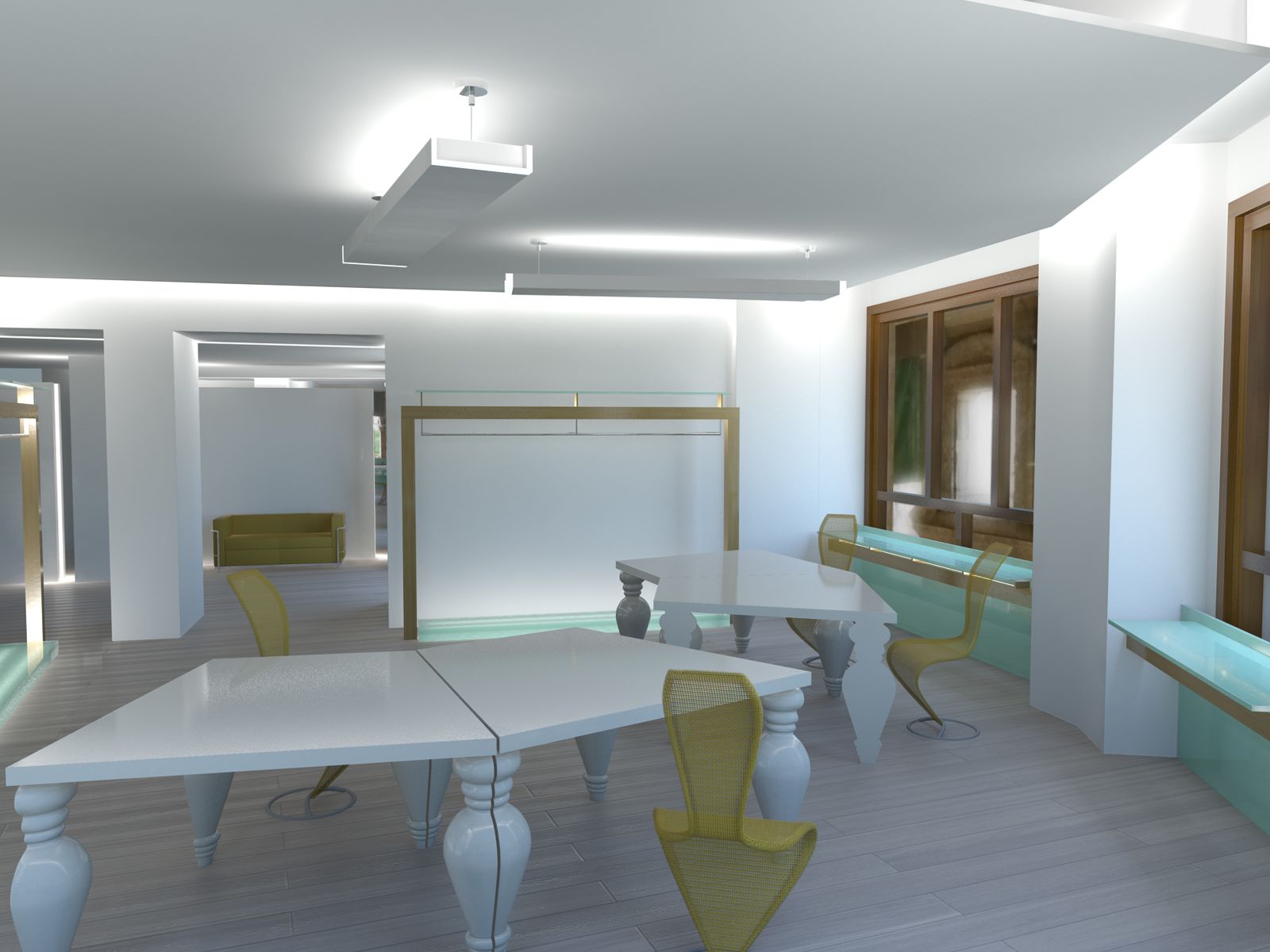Render dello stesso spazio senza persone n&eacute; abiti: solo i mobili, la luce e il pavimento in legno scuro