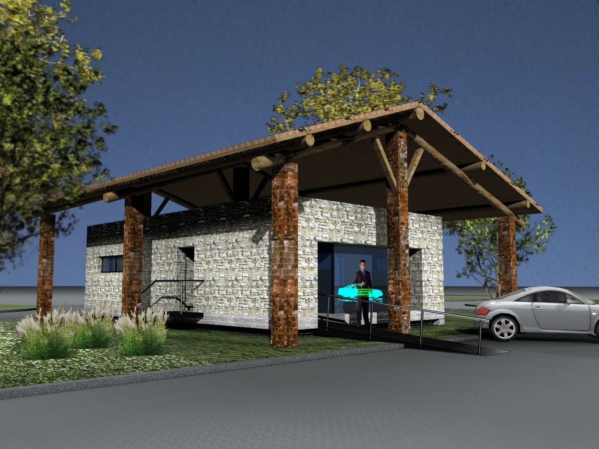 Render della variante in pietra: il volume rivestito in pietra sotto la tettoia in legno
